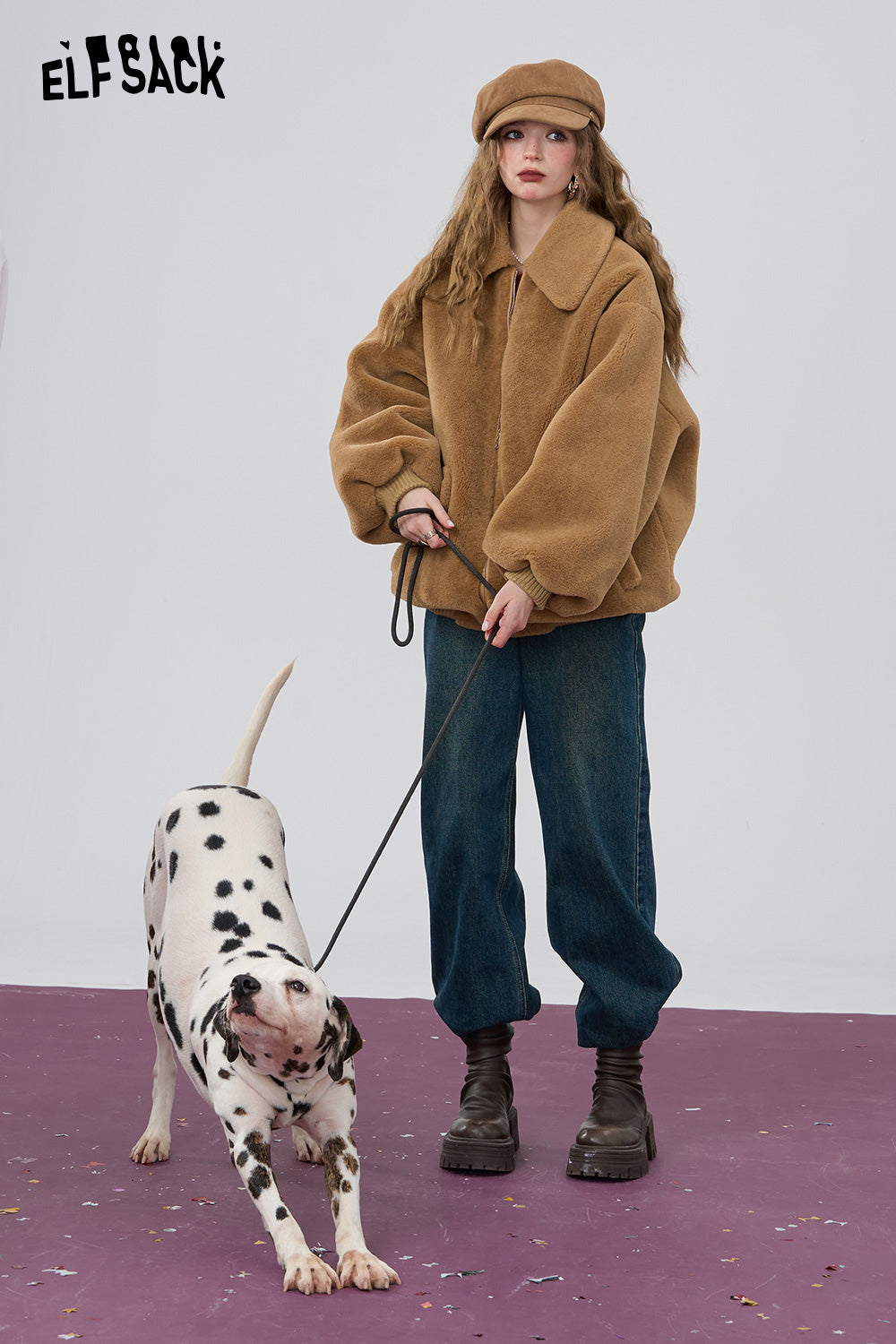ELFSACK Retro khaki loose collar imitation plush thick coat