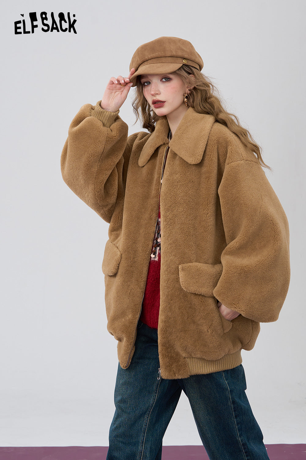 ELFSACK Retro khaki loose collar imitation plush thick coat
