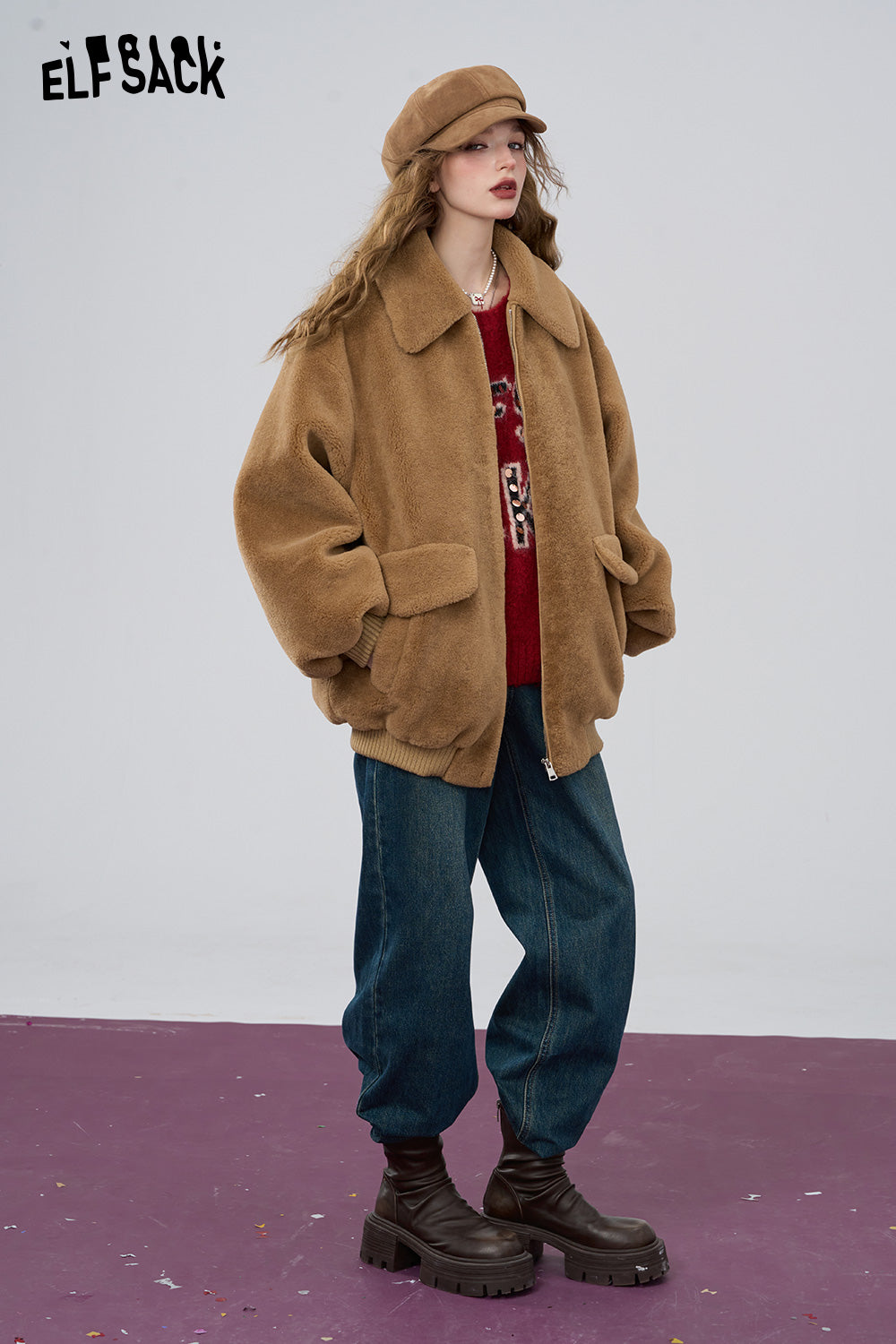 ELFSACK Retro khaki loose collar imitation plush thick coat