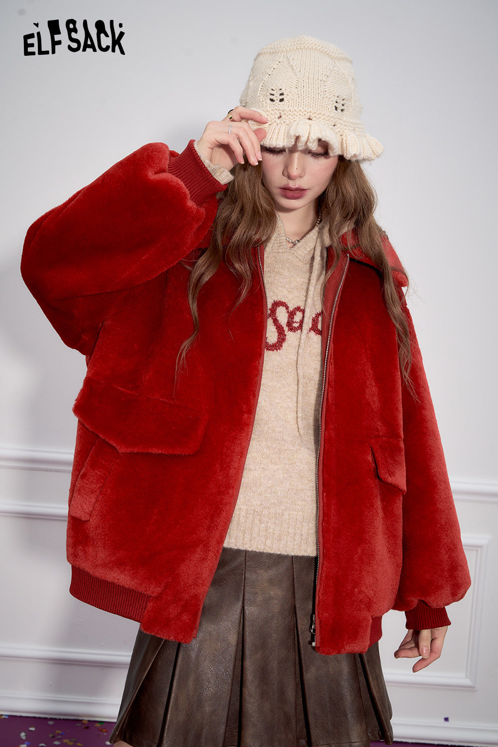 ELFSACK Retro khaki loose collar imitation plush thick coat