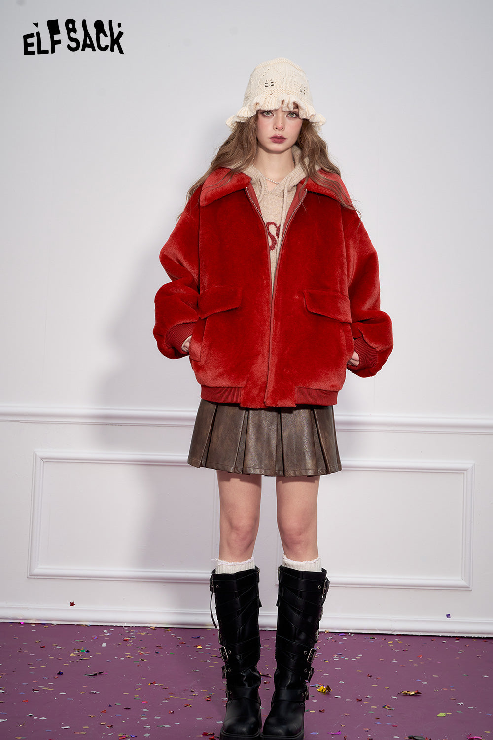 ELFSACK Retro khaki loose collar imitation plush thick coat