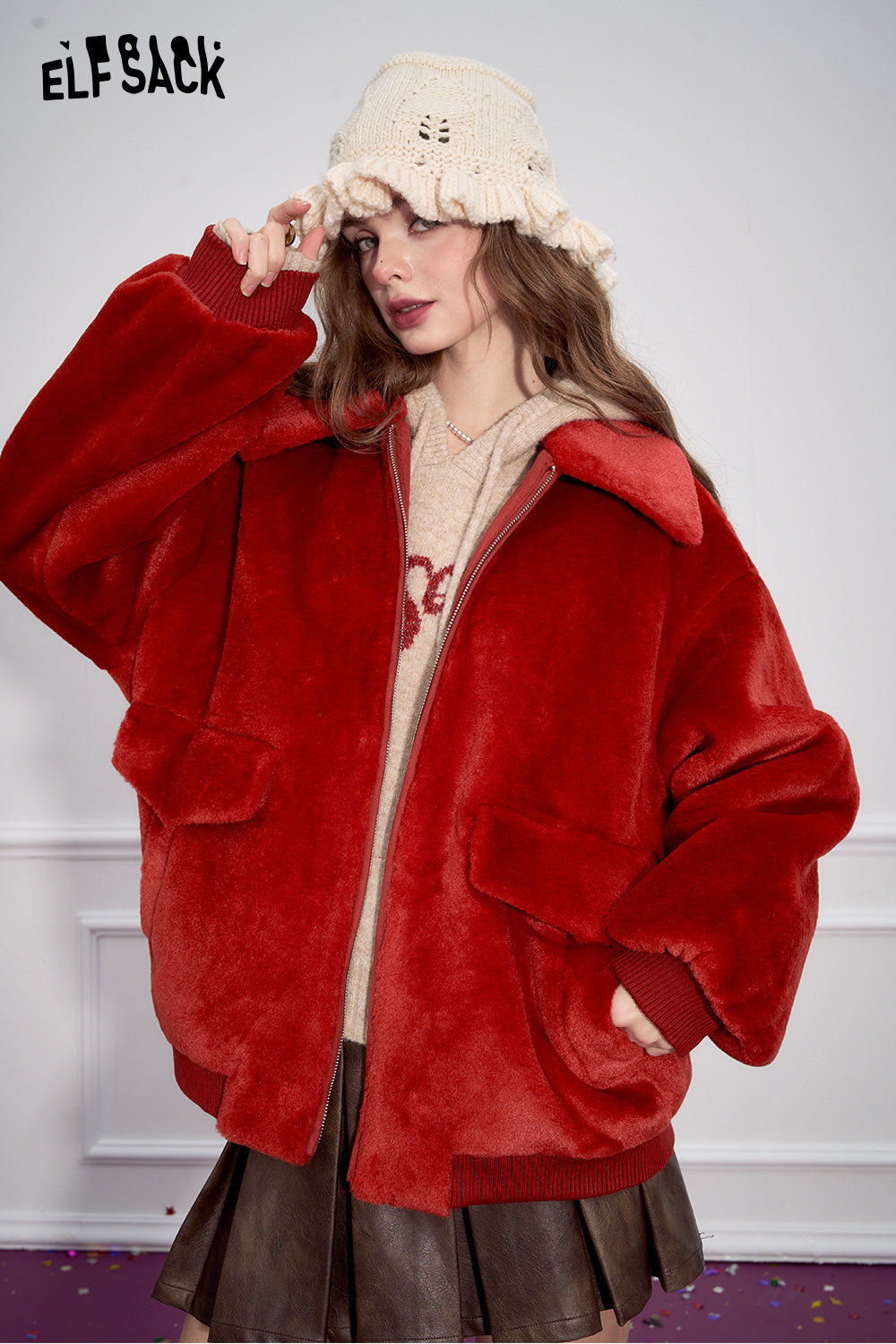 ELFSACK Retro khaki loose collar imitation plush thick coat