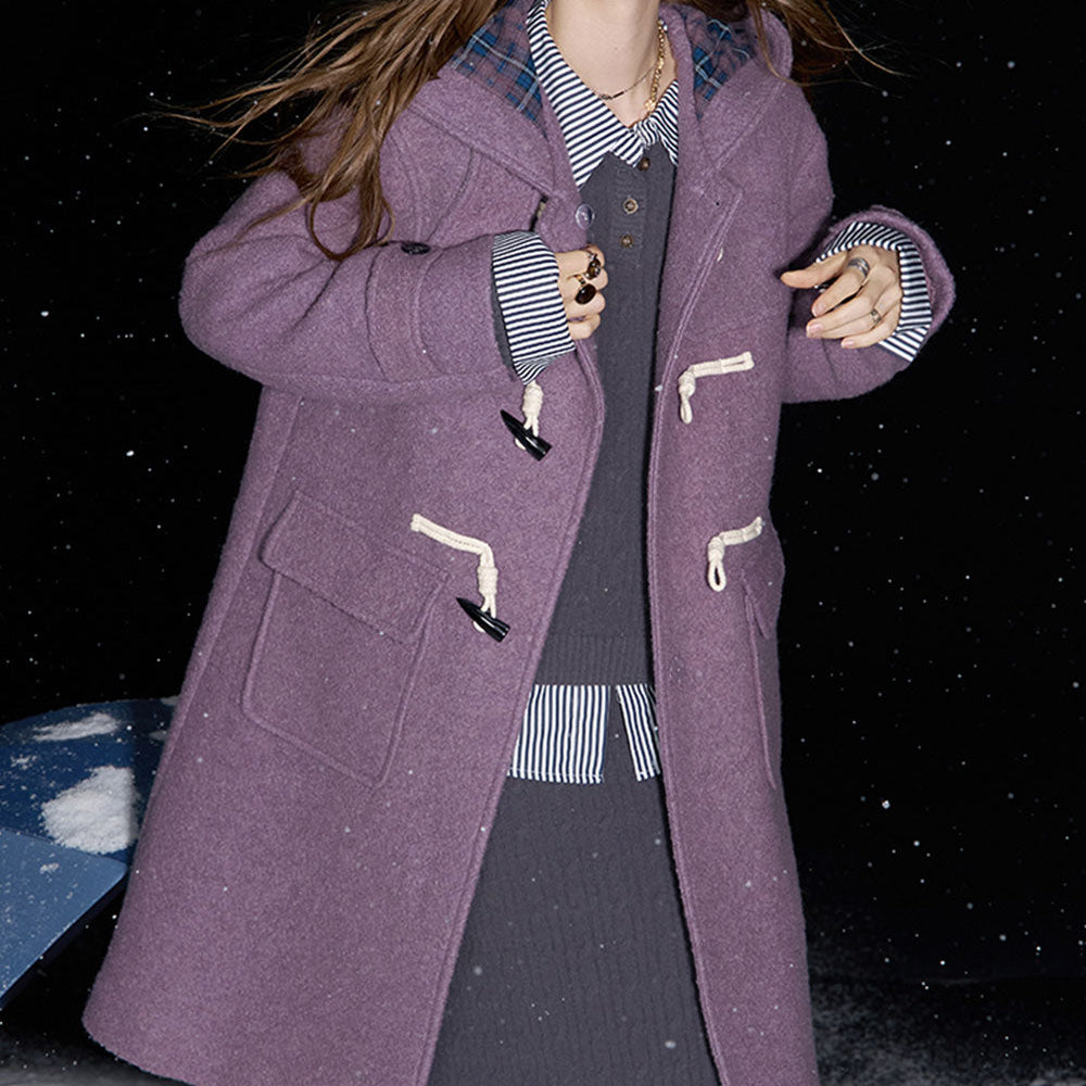 ELFSACK 2024 Winter New Arrivals Purple buttoned hooded long wool coat