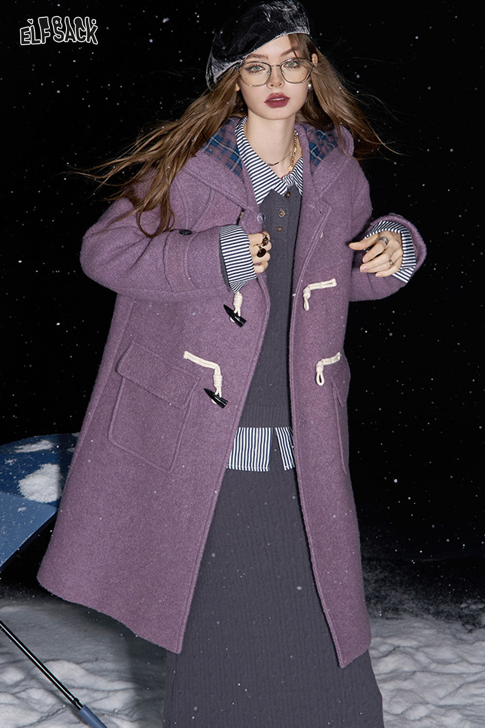 ELFSACK 2024 Winter New Arrivals Purple buttoned hooded long wool coat