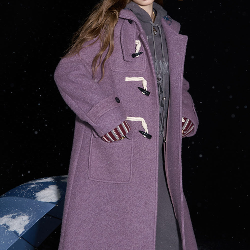 ELFSACK 2024 Winter New Arrivals Purple buttoned hooded long wool coat