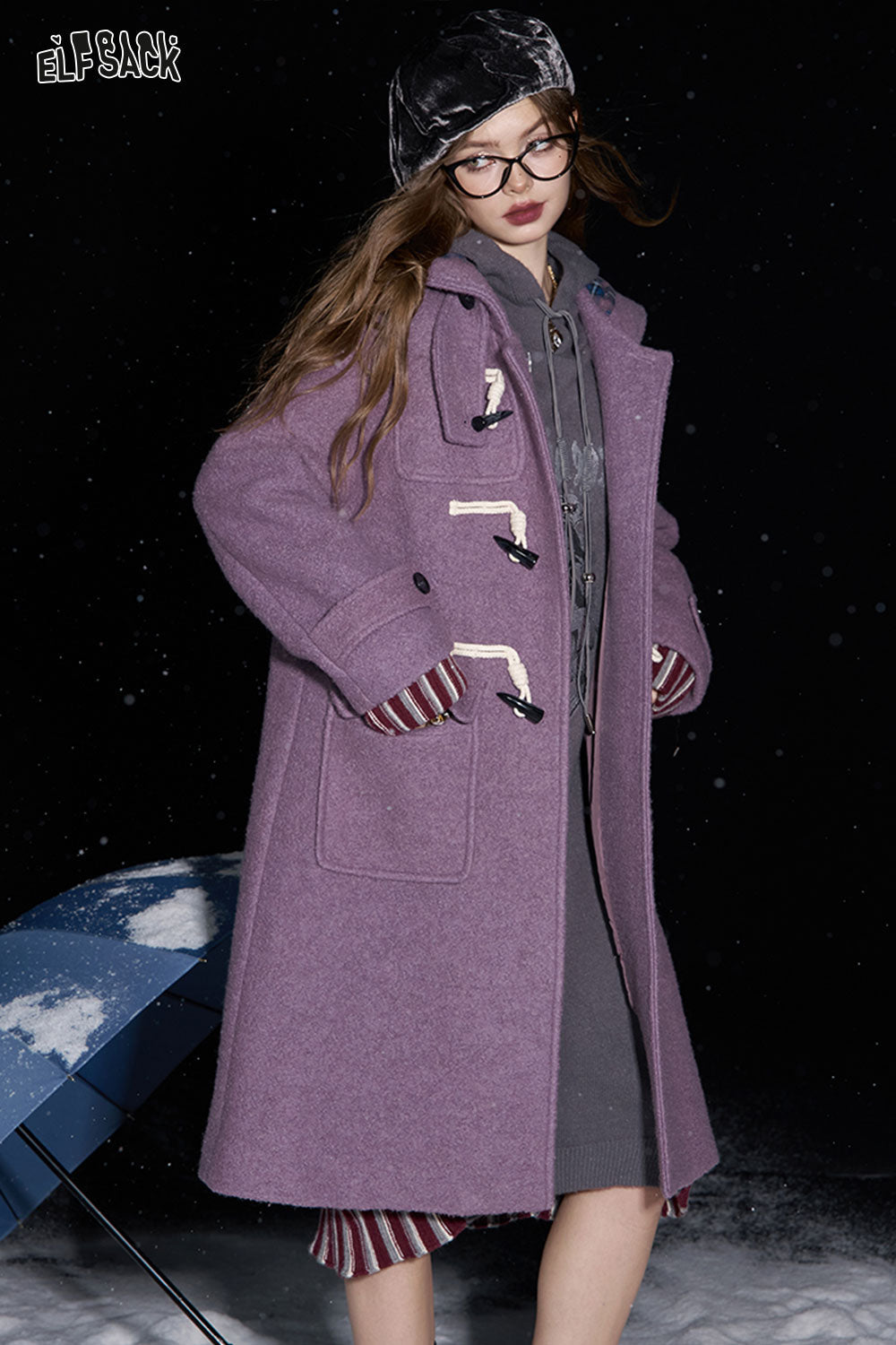 ELFSACK 2024 Winter New Arrivals Purple buttoned hooded long wool coat