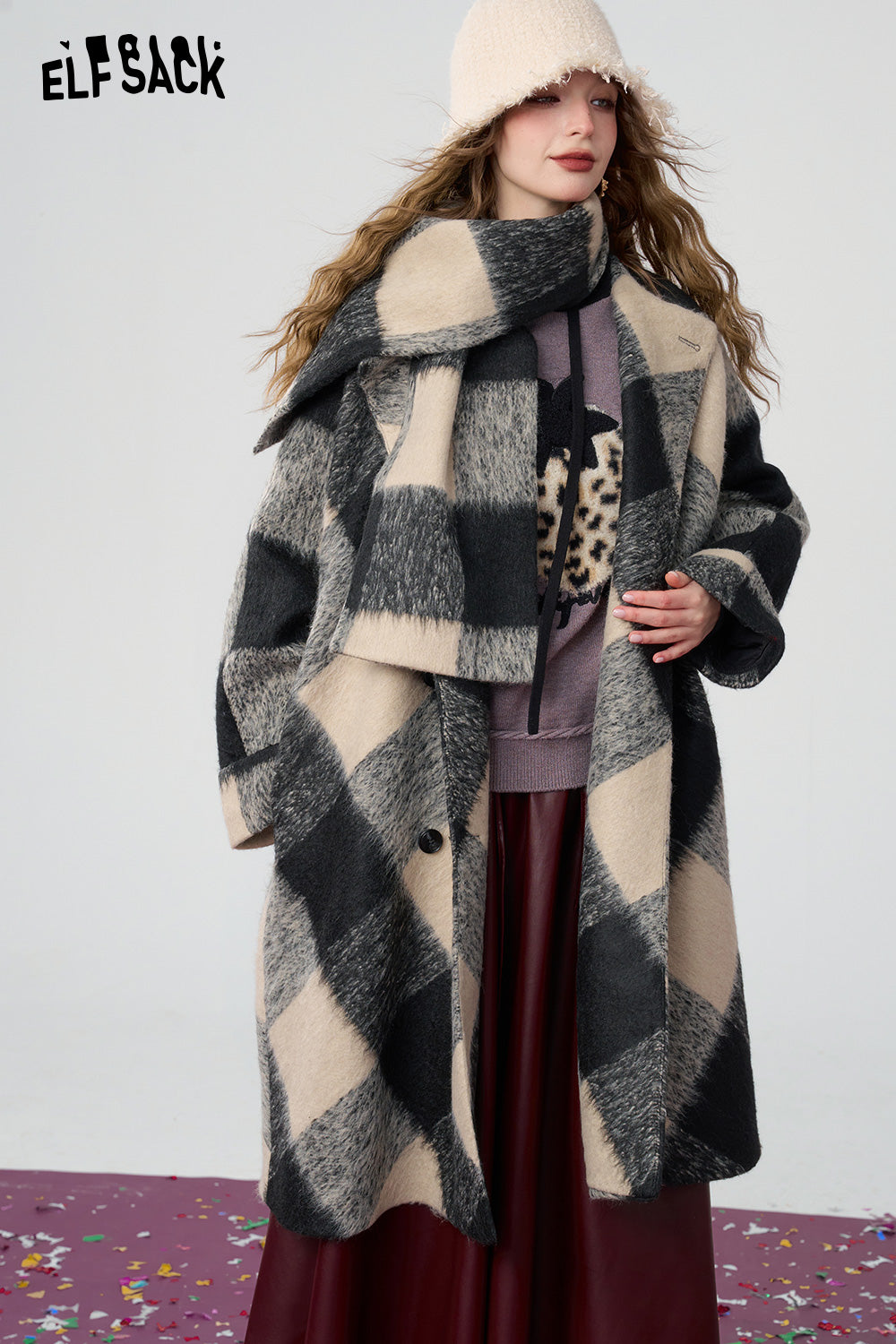 ELFSACK Casual retro black and white checkered scarf thick long jacket