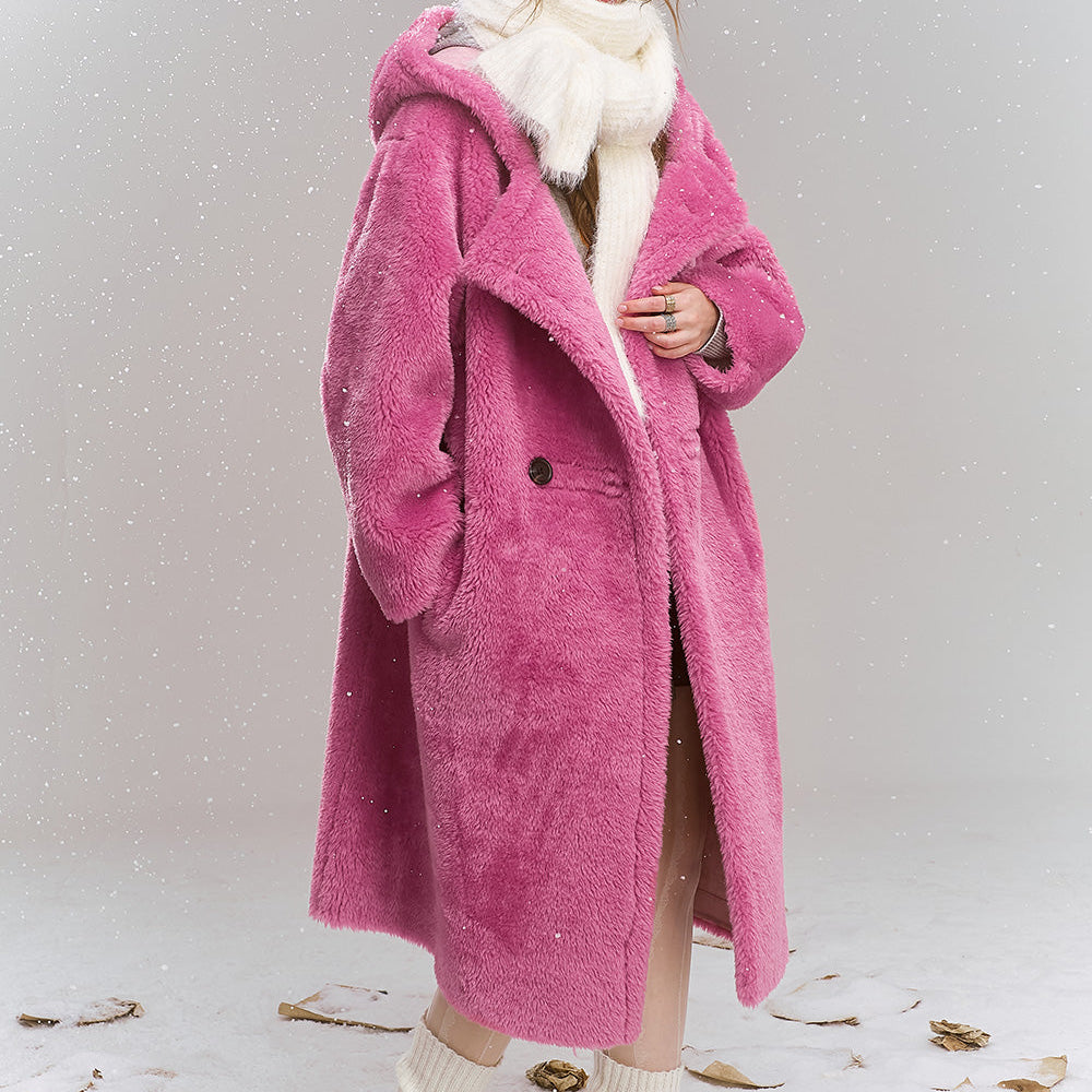 
                  
                    ELFSACK 2024 Winter New Arrivals Pink plush composite suede thick long hooded coat
                  
                