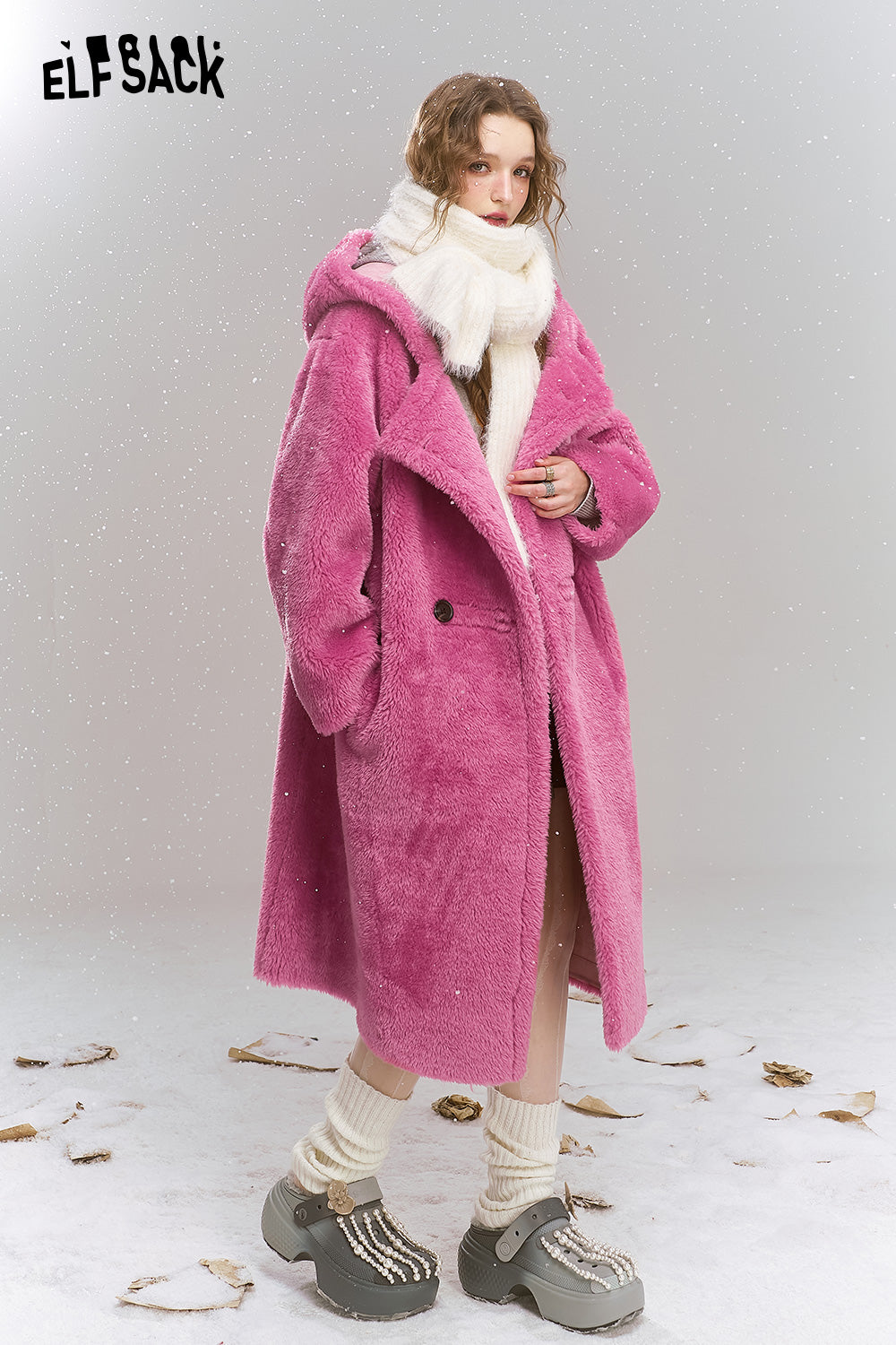 ELFSACK Pink plush composite suede thick long hooded coat