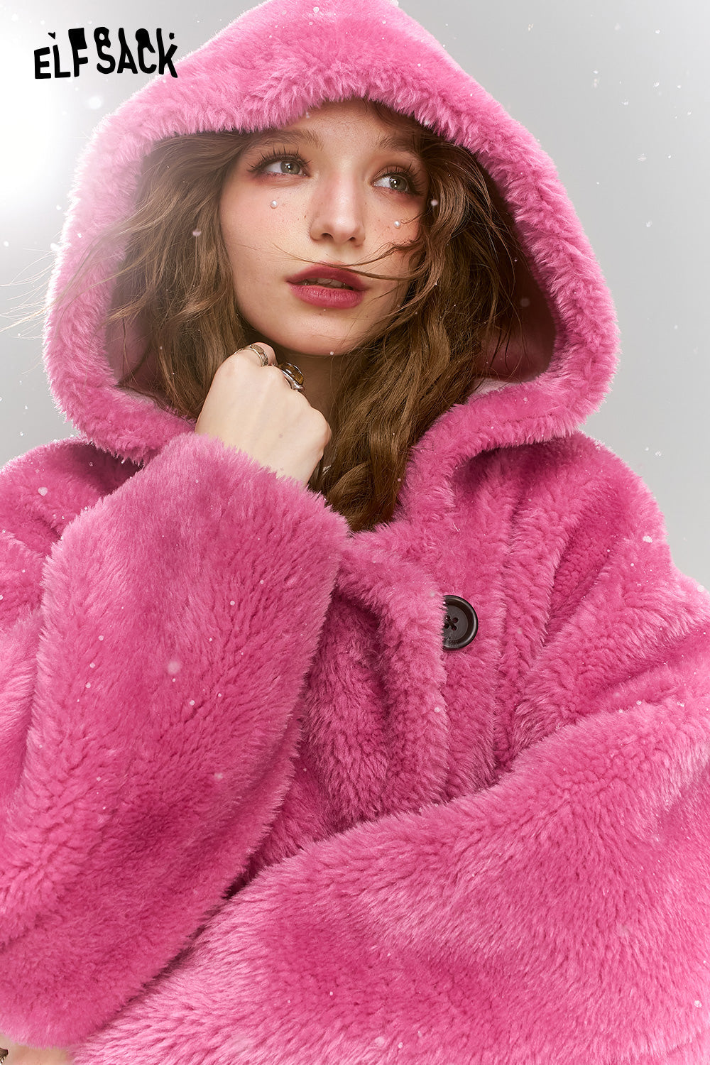 ELFSACK Pink plush composite suede thick long hooded coat
