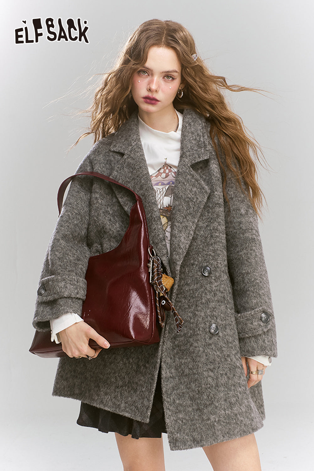 ELFSACK Medium to long woolen coat, loose, lazy, sweet and women's coat