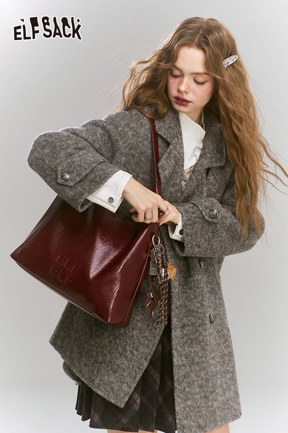 ELFSACK Medium to long woolen coat, loose, lazy, sweet and women's coat