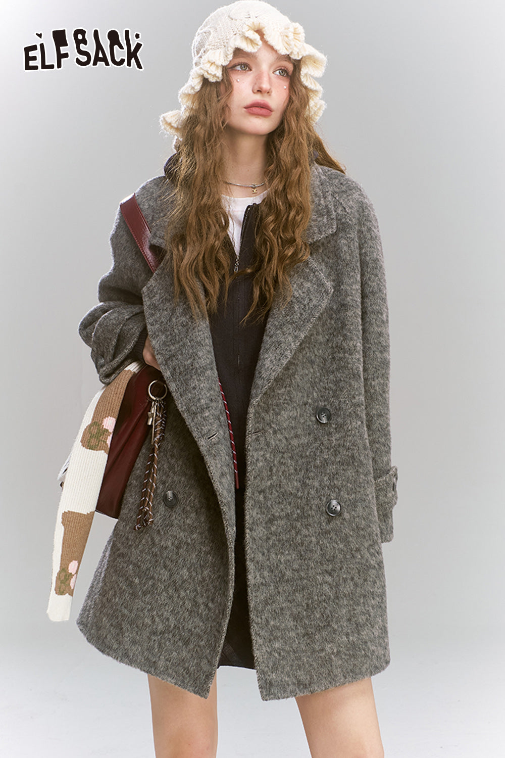 ELFSACK Medium to long woolen coat, loose, lazy, sweet and women's coat