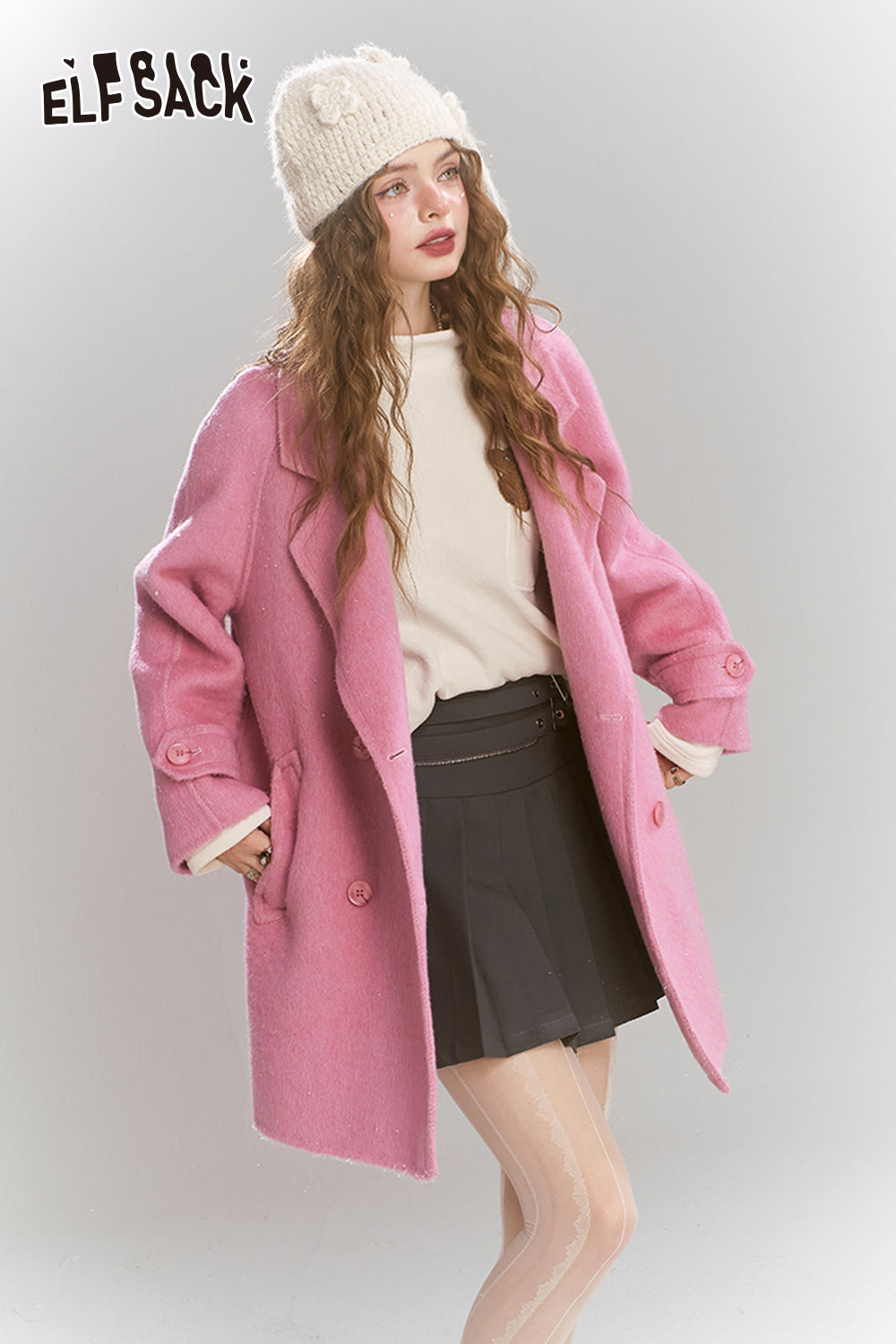 ELFSACK Medium to long woolen coat, loose, lazy, sweet and women's coat