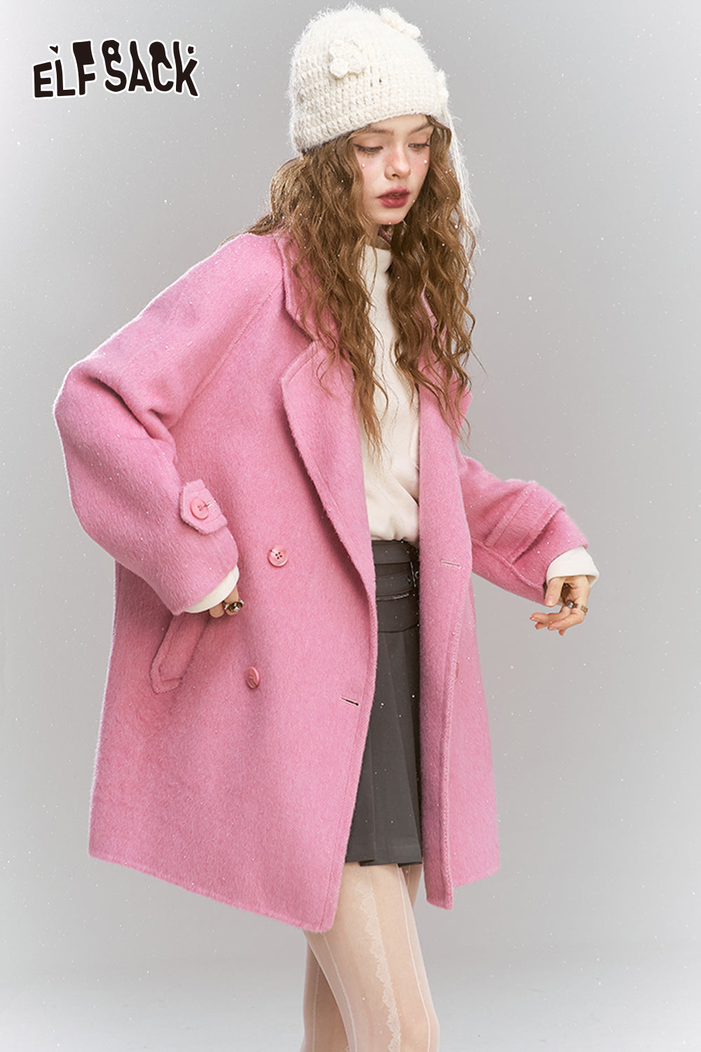 ELFSACK Medium to long woolen coat, loose, lazy, sweet and women's coat
