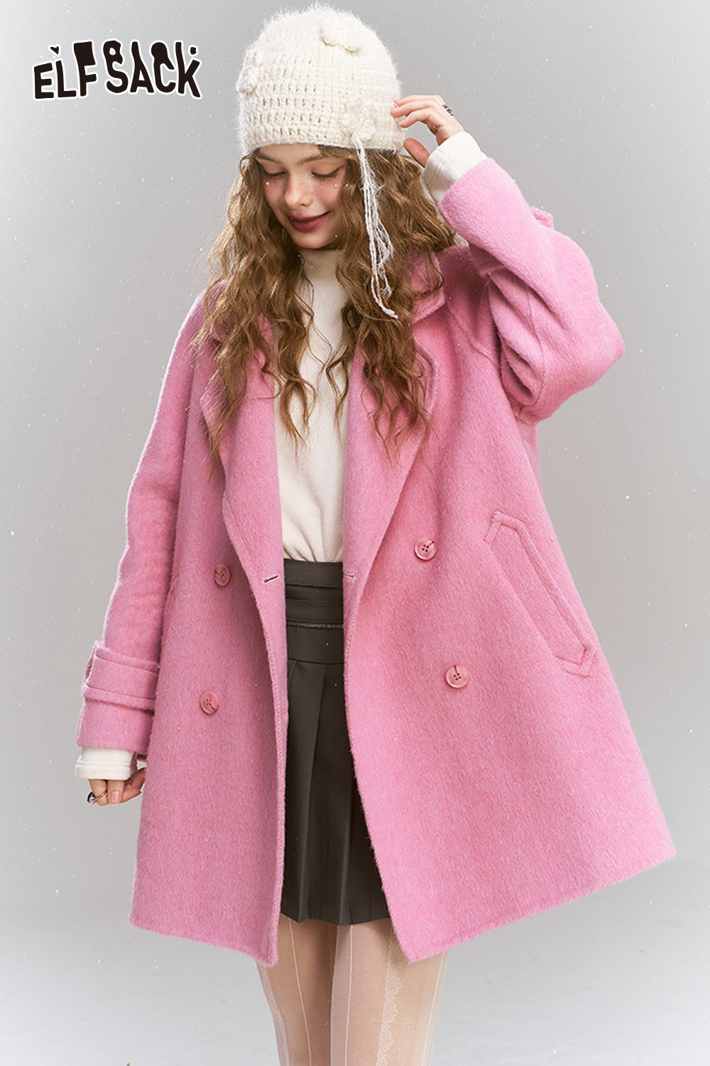 ELFSACK Medium to long woolen coat, loose, lazy, sweet and women's coat