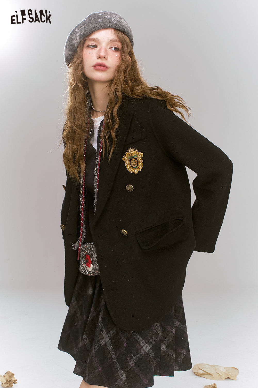 ELFSACK Retro preppy style slim woolen coat, suit collar coat