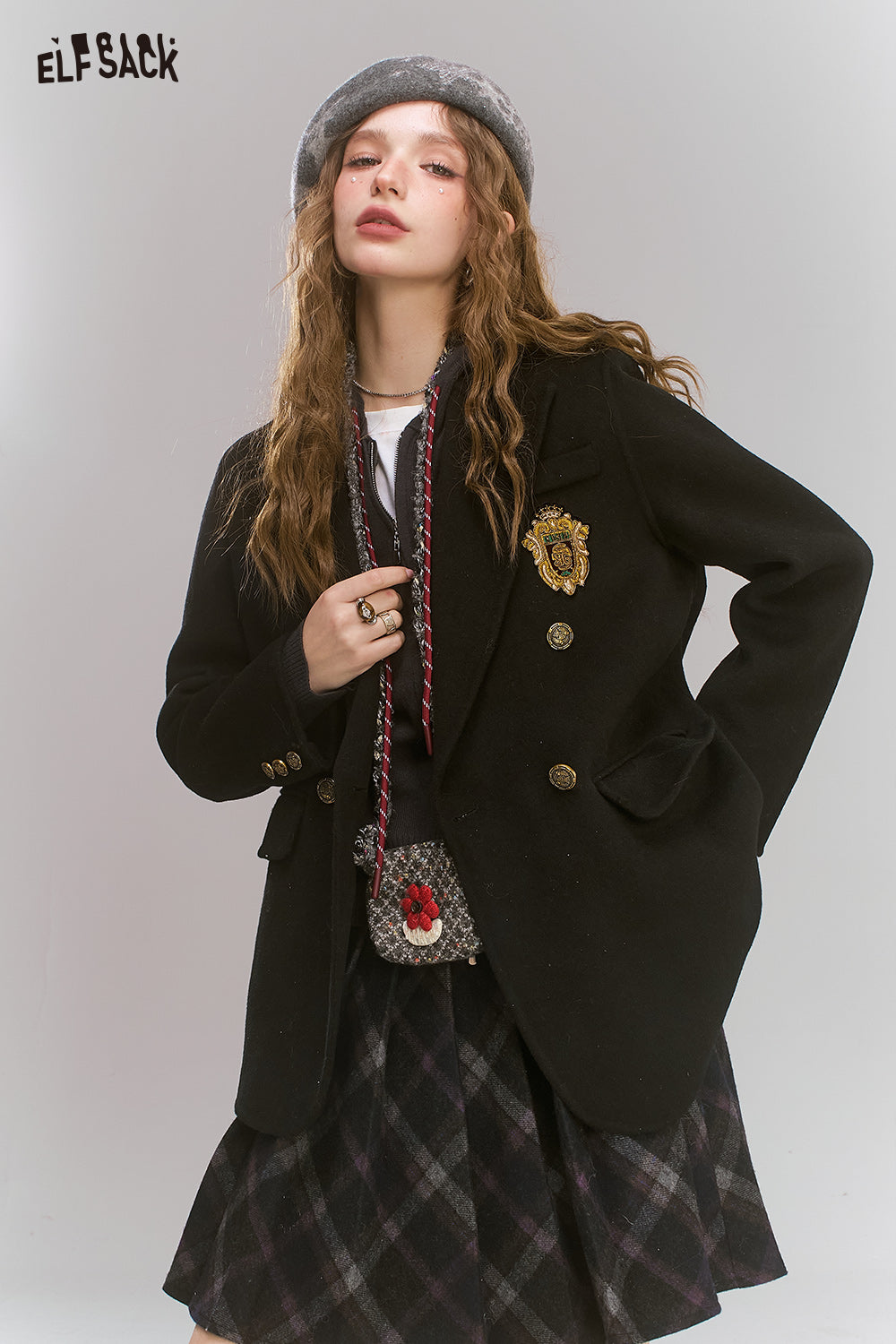 ELFSACK Retro preppy style slim woolen coat, suit collar coat