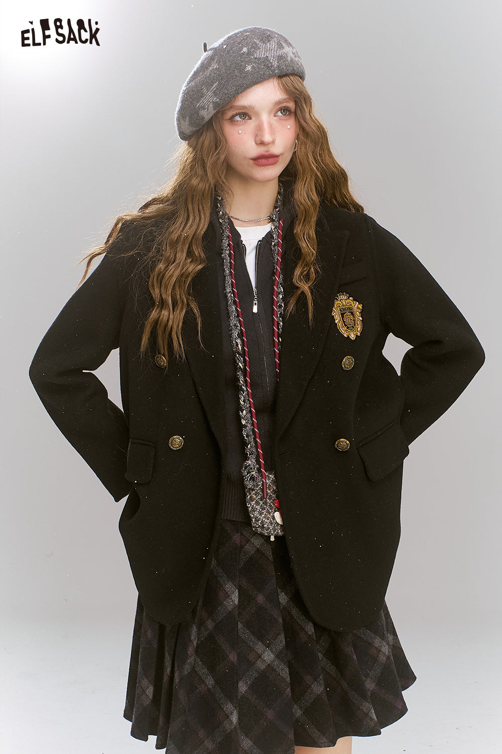 ELFSACK Retro preppy style slim woolen coat, suit collar coat