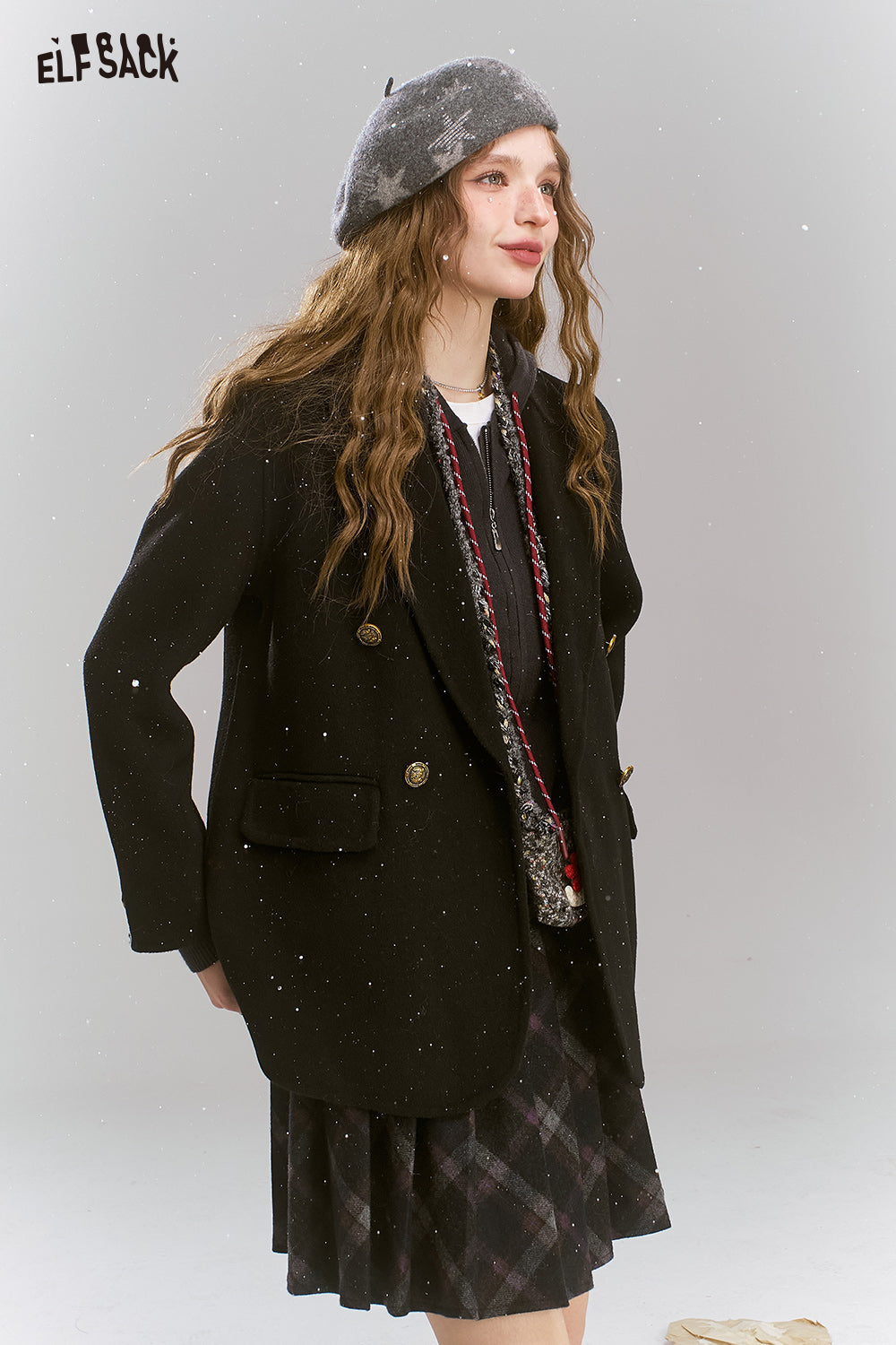 ELFSACK Retro preppy style slim woolen coat, suit collar coat