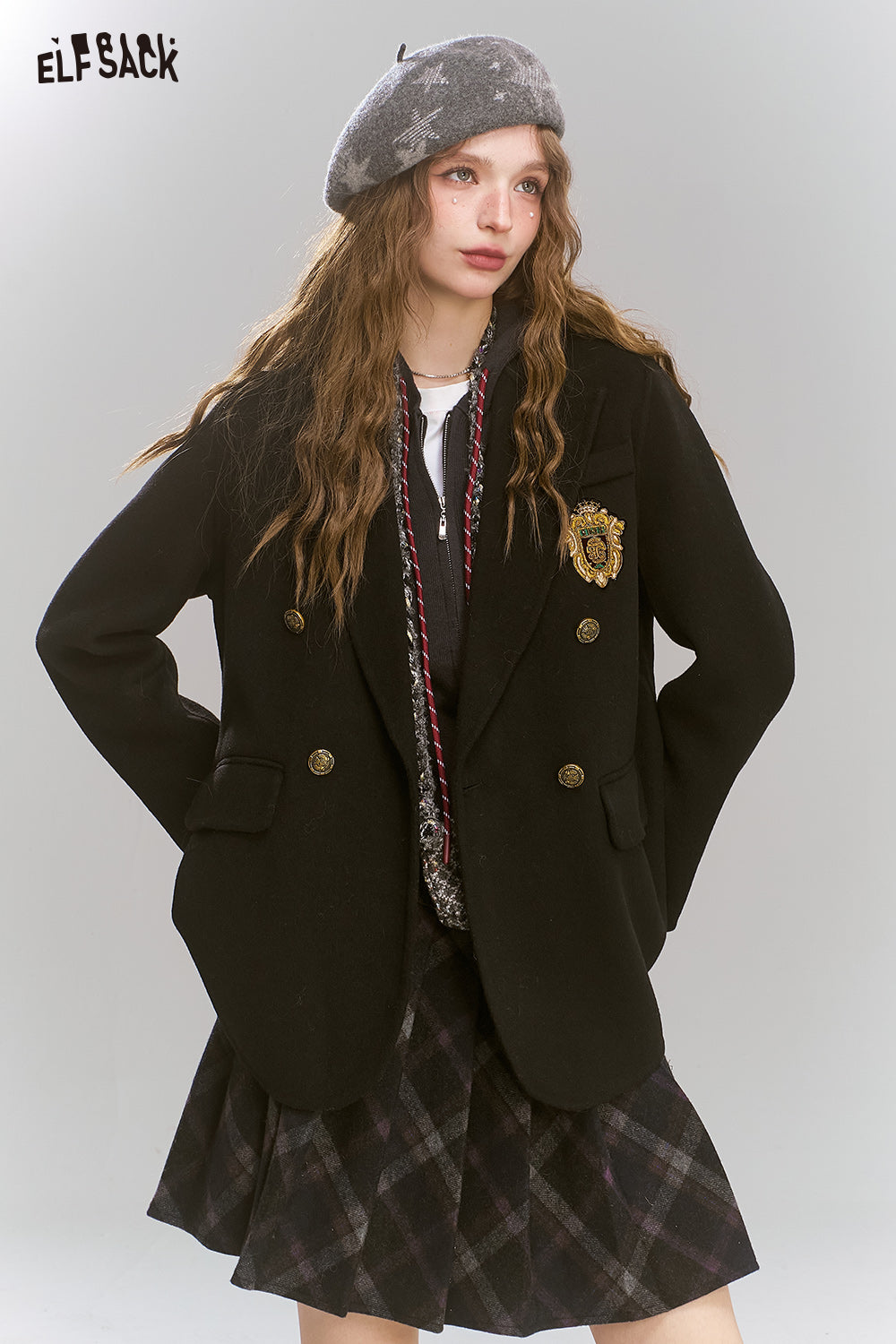 ELFSACK Retro preppy style slim woolen coat, suit collar coat