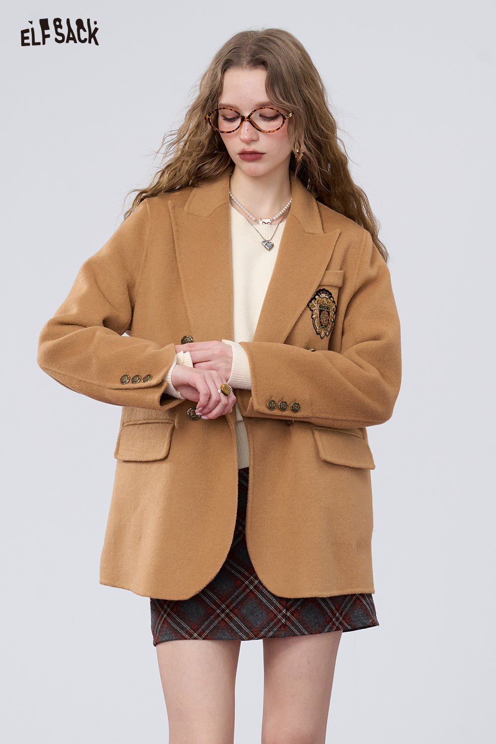 ELFSACK Retro preppy style slim woolen coat, suit collar coat