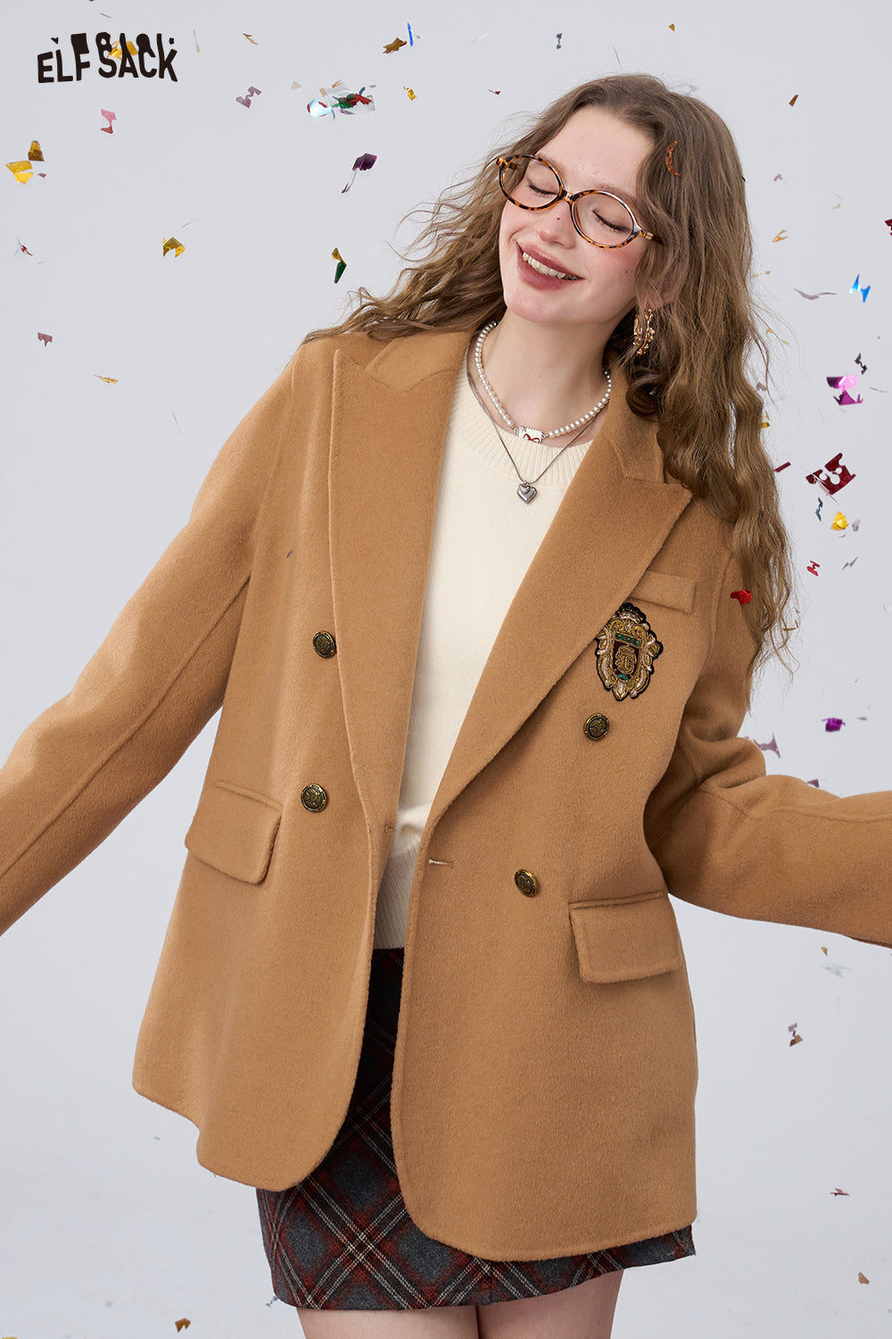 ELFSACK Retro preppy style slim woolen coat, suit collar coat