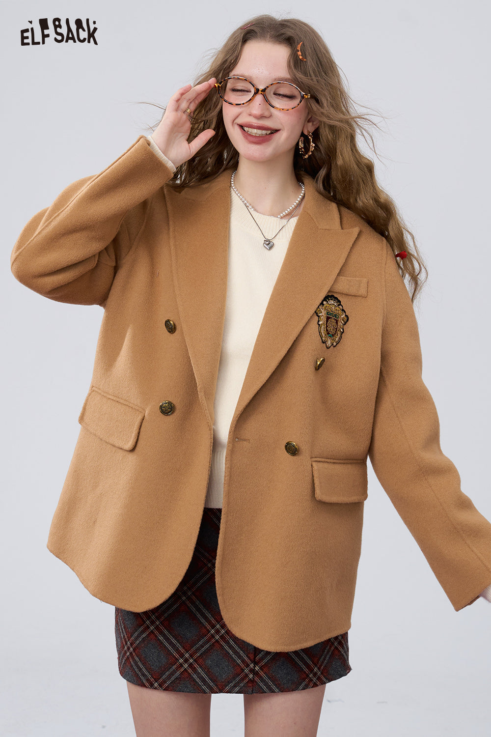 ELFSACK Retro preppy style slim woolen coat, suit collar coat
