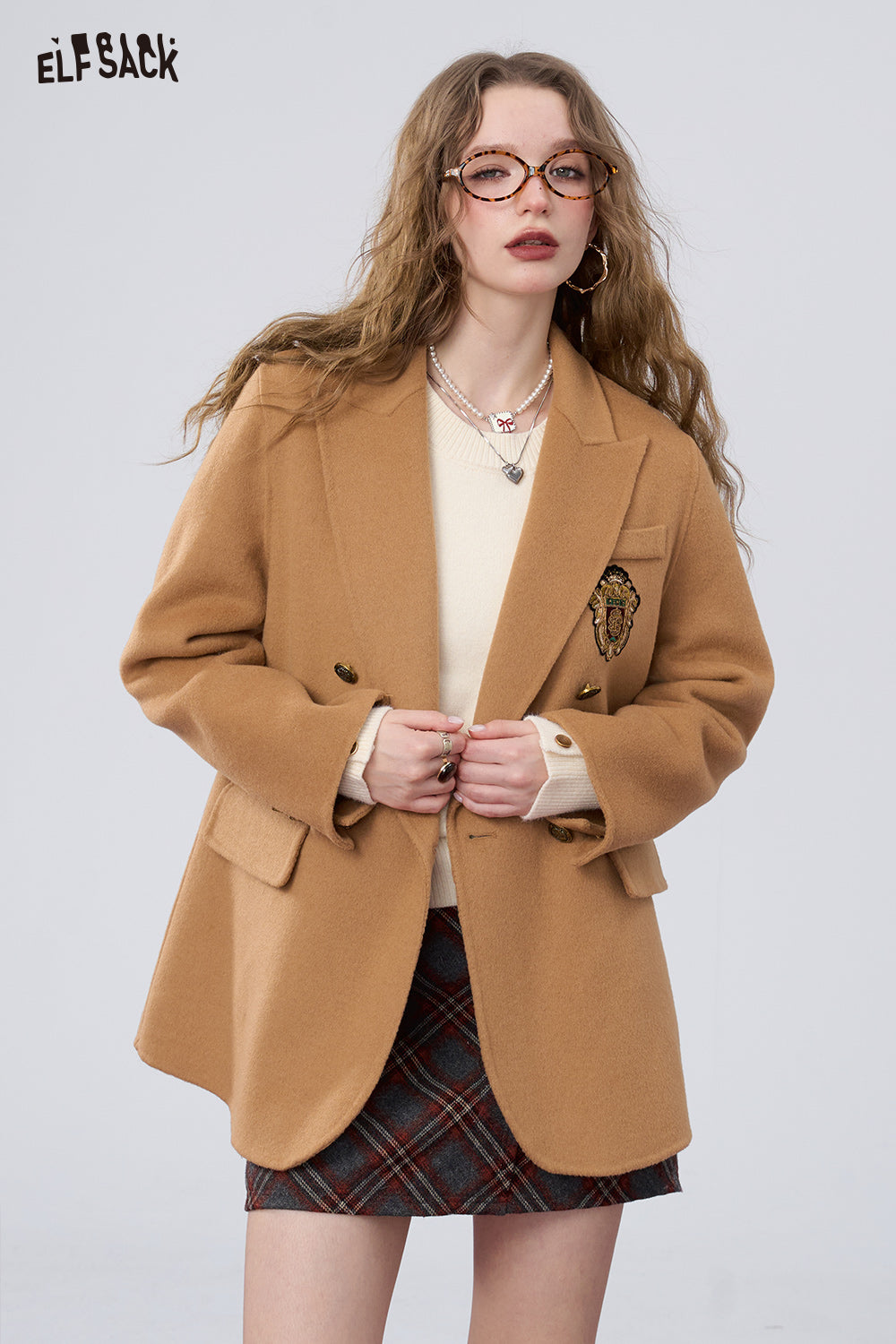 ELFSACK Retro preppy style slim woolen coat, suit collar coat