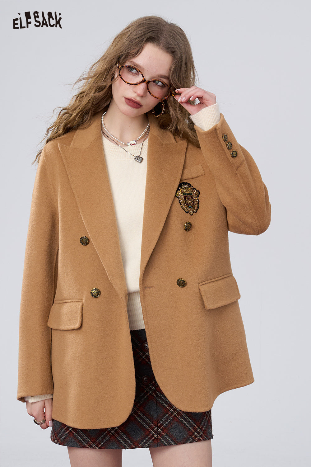 ELFSACK Retro preppy style slim woolen coat, suit collar coat
