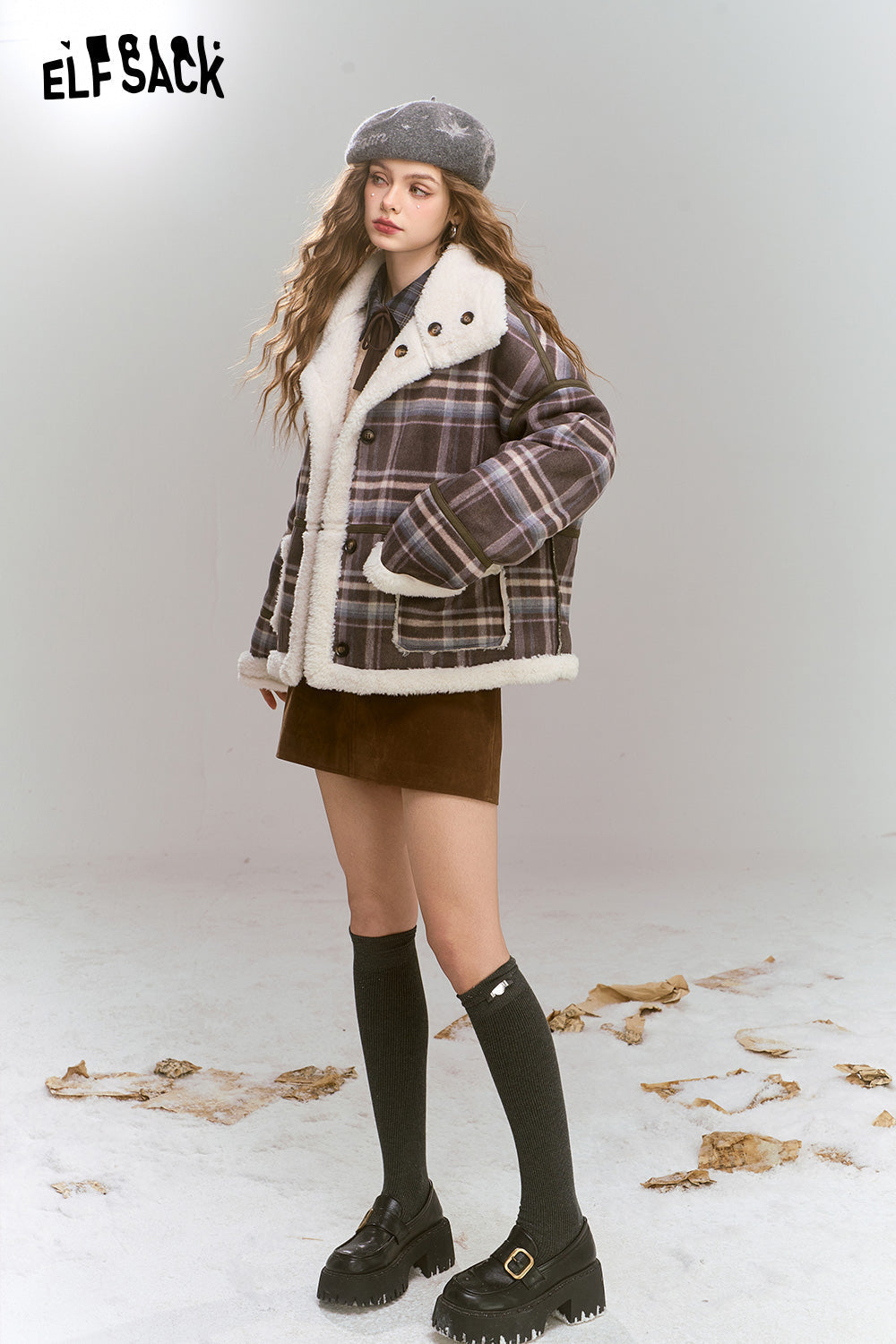 ELFSACK Retro Preppy Style plaid short plush thick warm coat