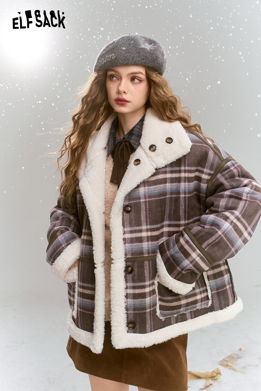 ELFSACK Retro Preppy Style plaid short plush thick warm coat
