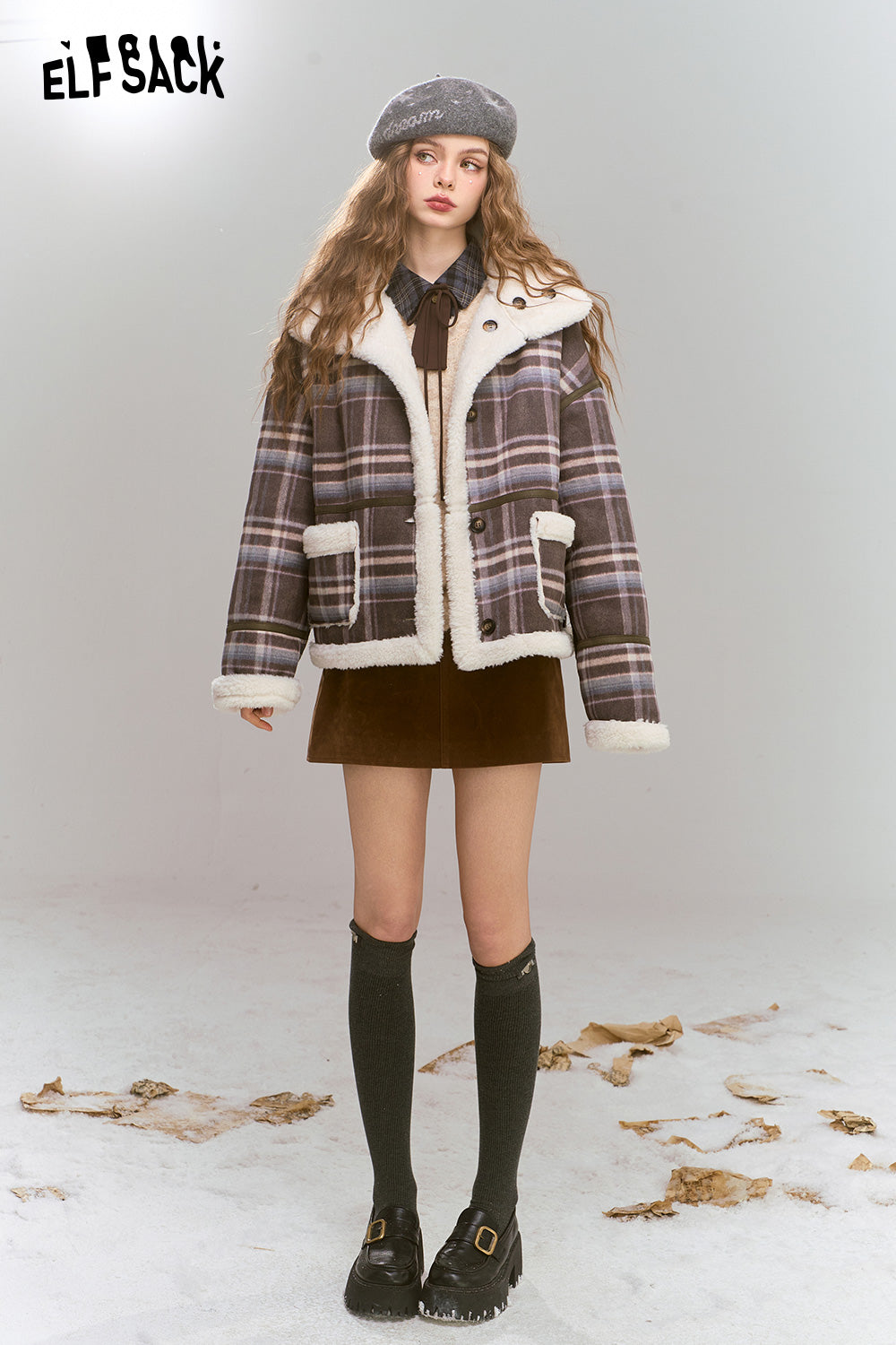 ELFSACK Retro Preppy Style plaid short plush thick warm coat