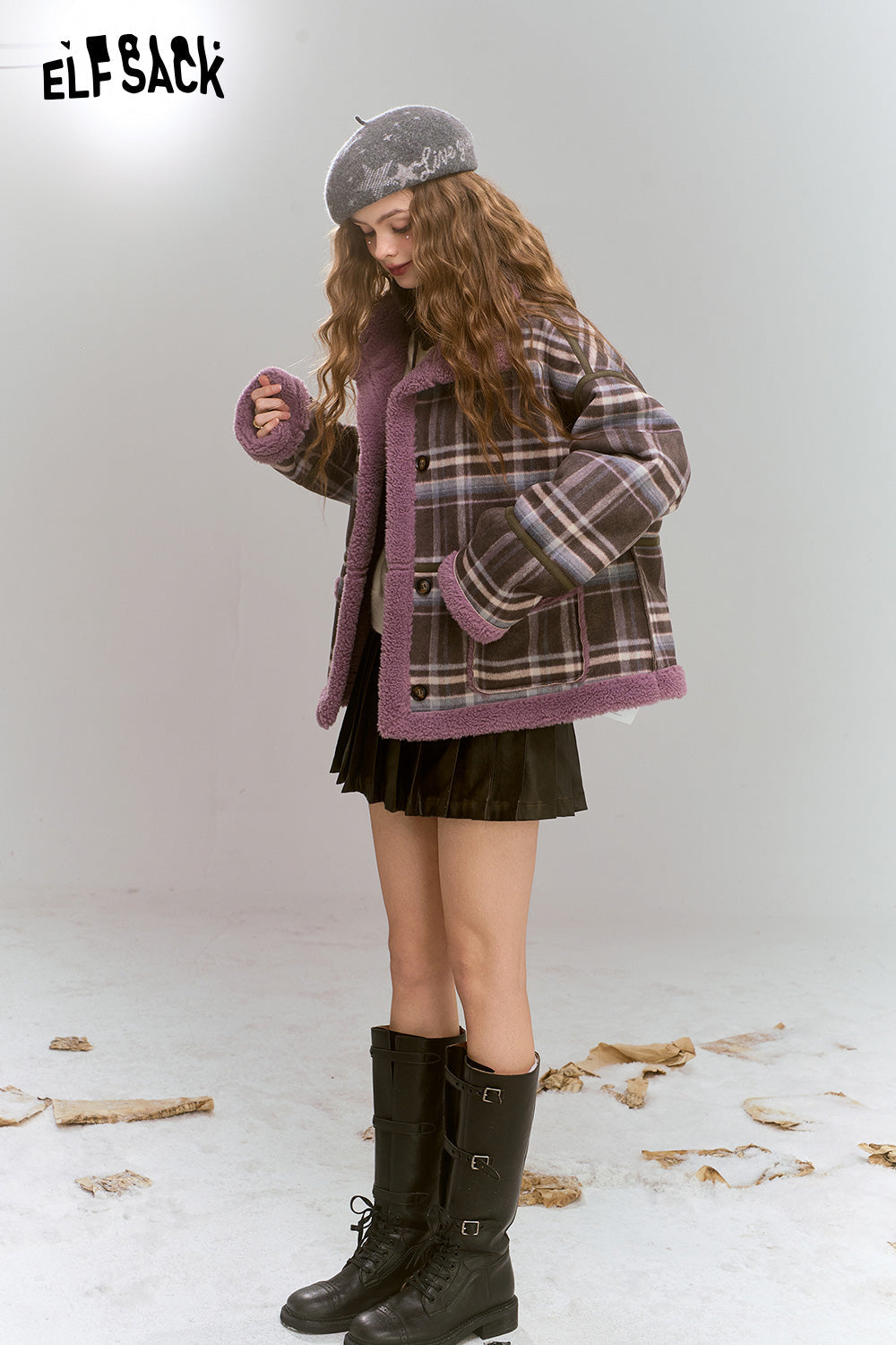 ELFSACK Retro Preppy Style plaid short plush thick warm coat