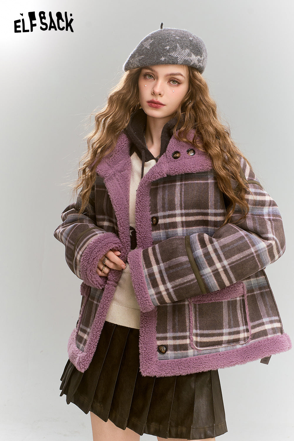ELFSACK Retro Preppy Style plaid short plush thick warm coat