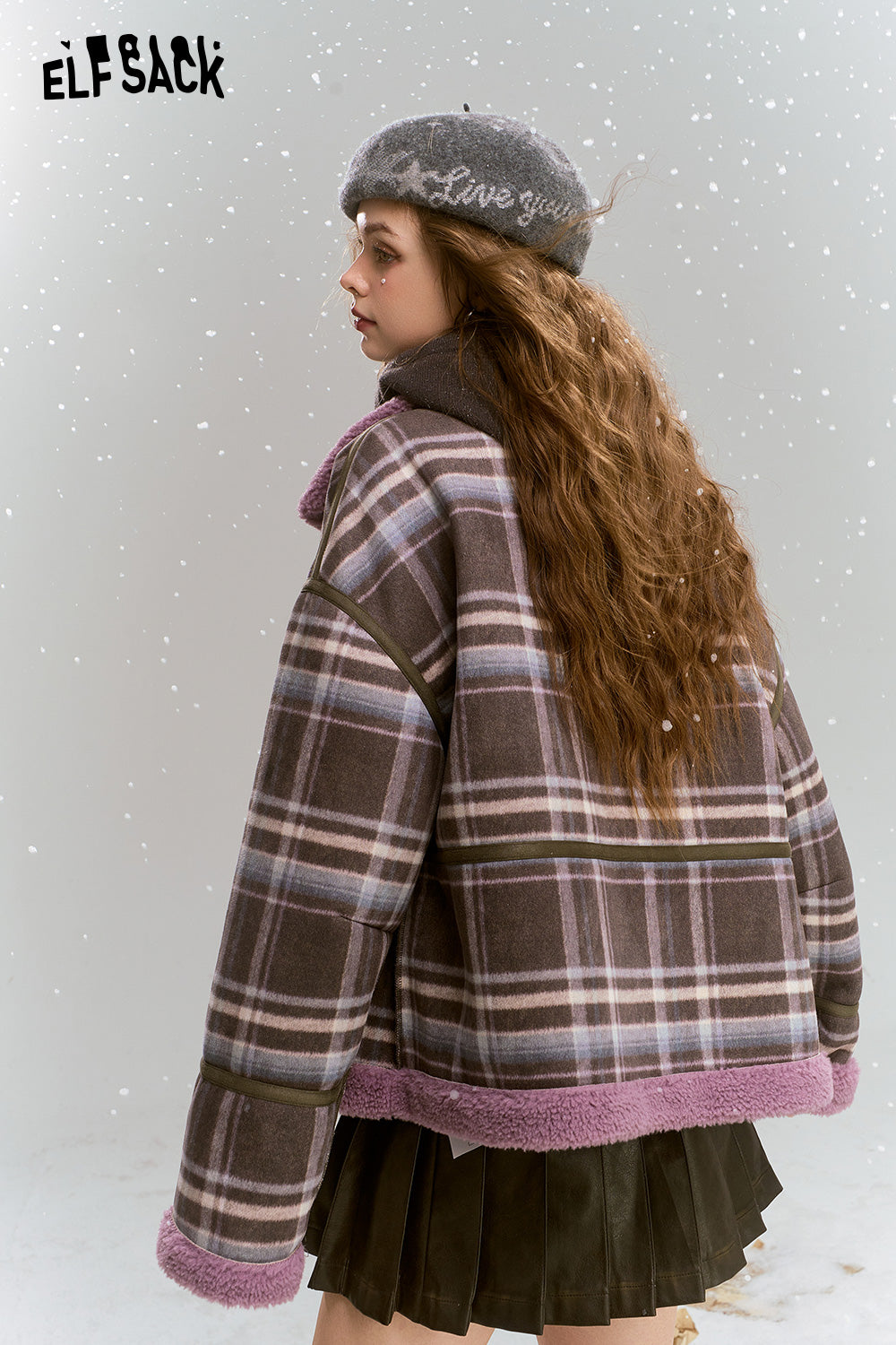 ELFSACK Retro Preppy Style plaid short plush thick warm coat