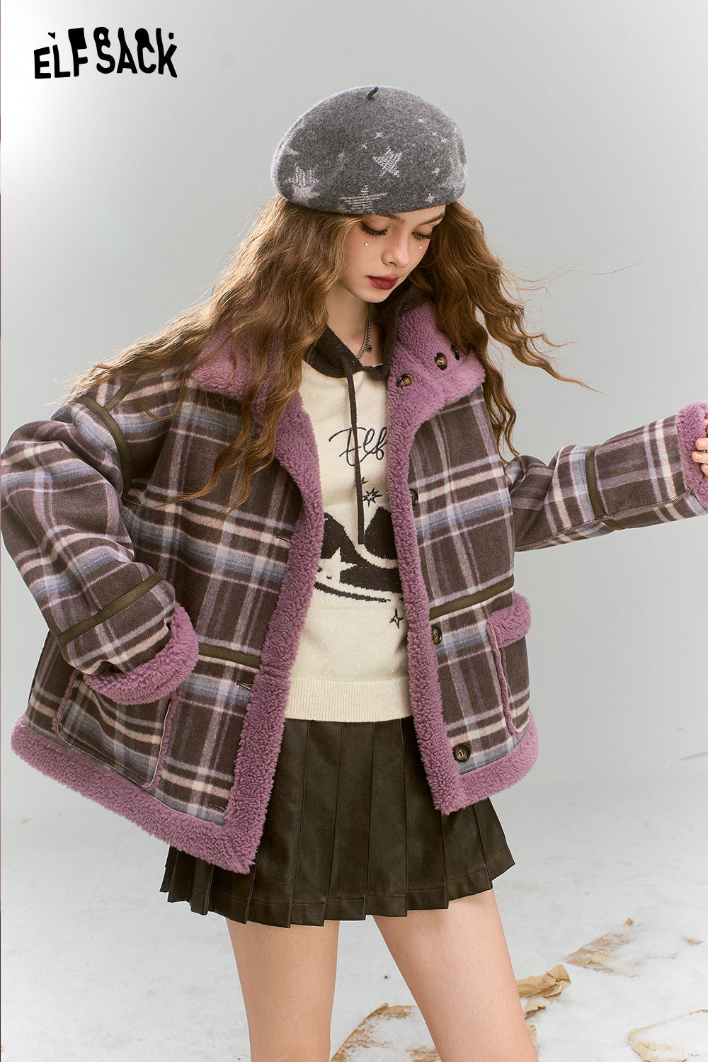 ELFSACK Retro Preppy Style plaid short plush thick warm coat