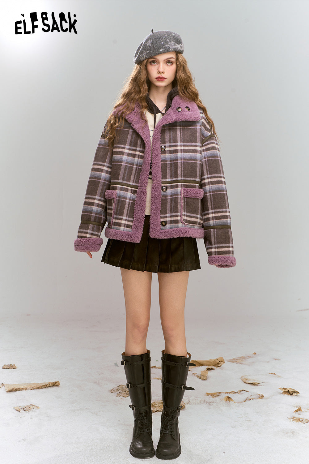 ELFSACK Retro Preppy Style plaid short plush thick warm coat
