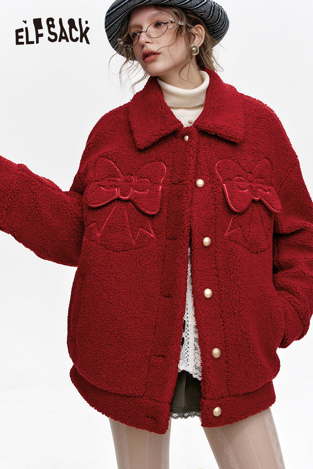 ELFSACK Sweet bow plush red lapel thick coat