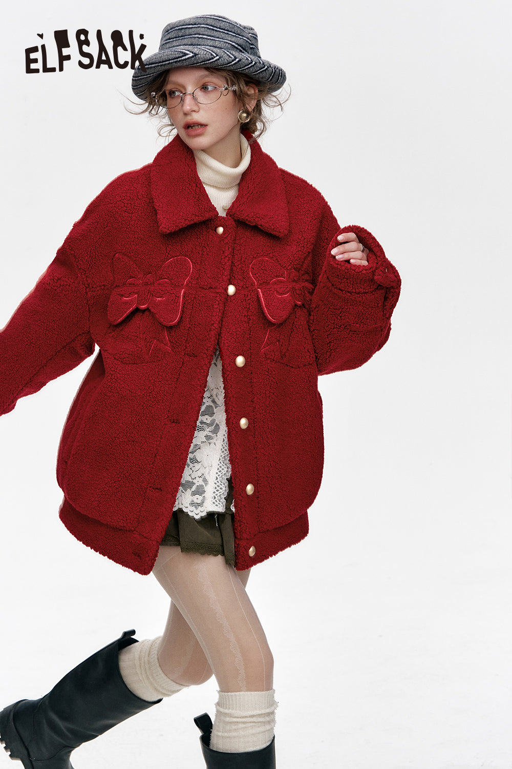 ELFSACK Sweet bow plush red lapel thick coat