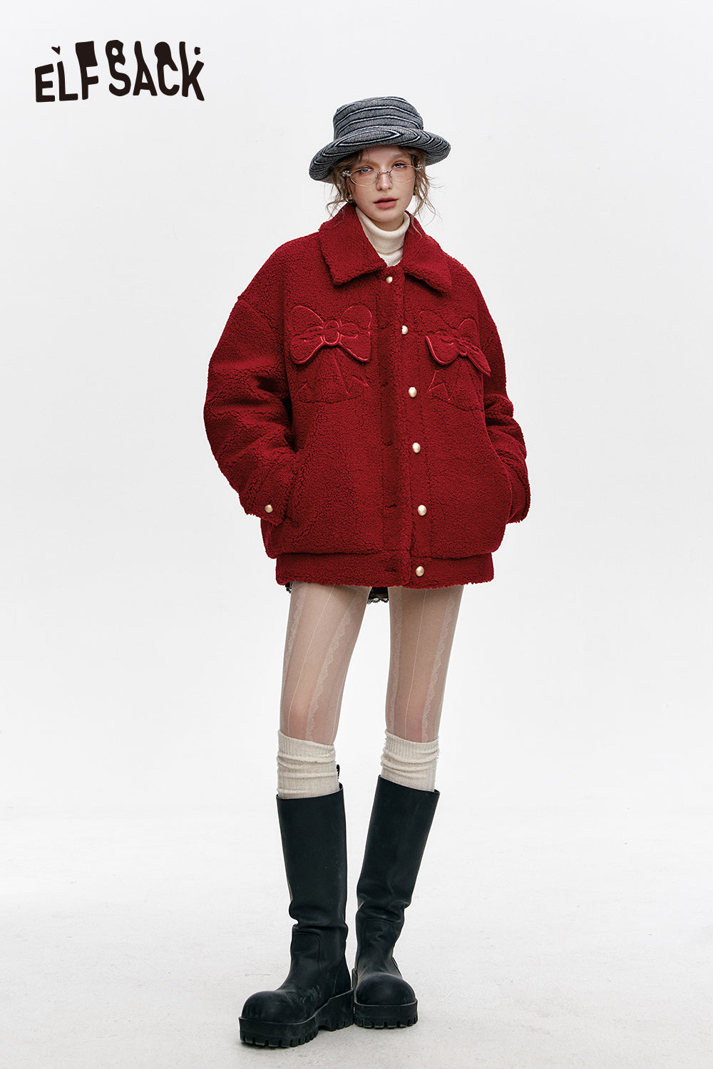ELFSACK Sweet bow plush red lapel thick coat