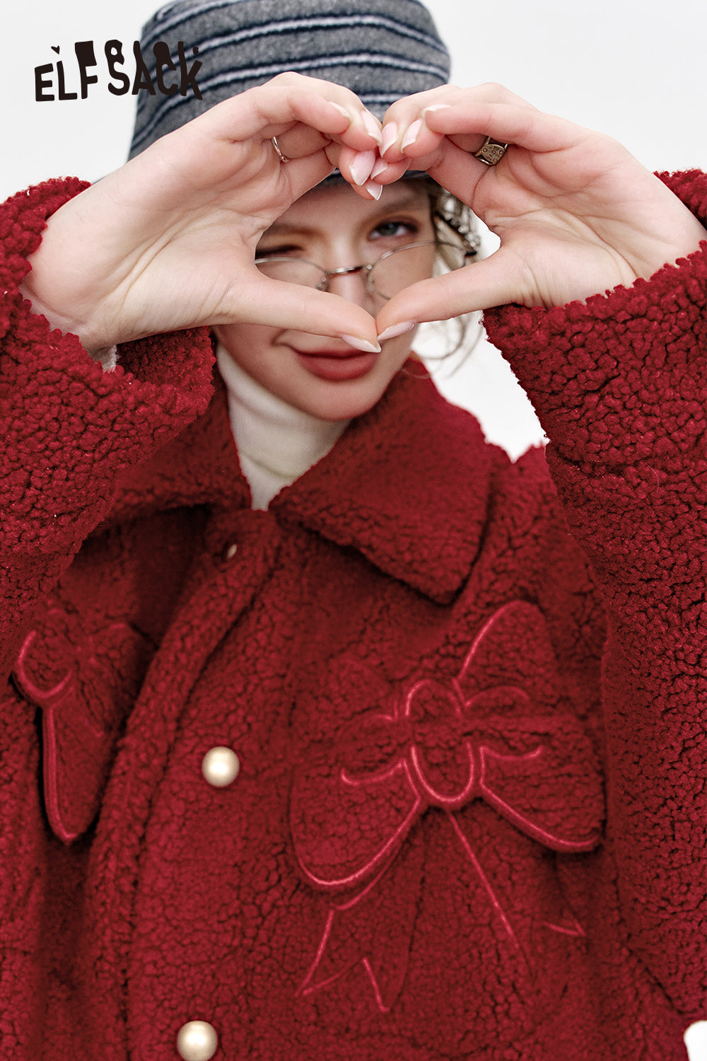 ELFSACK Sweet bow plush red lapel thick coat