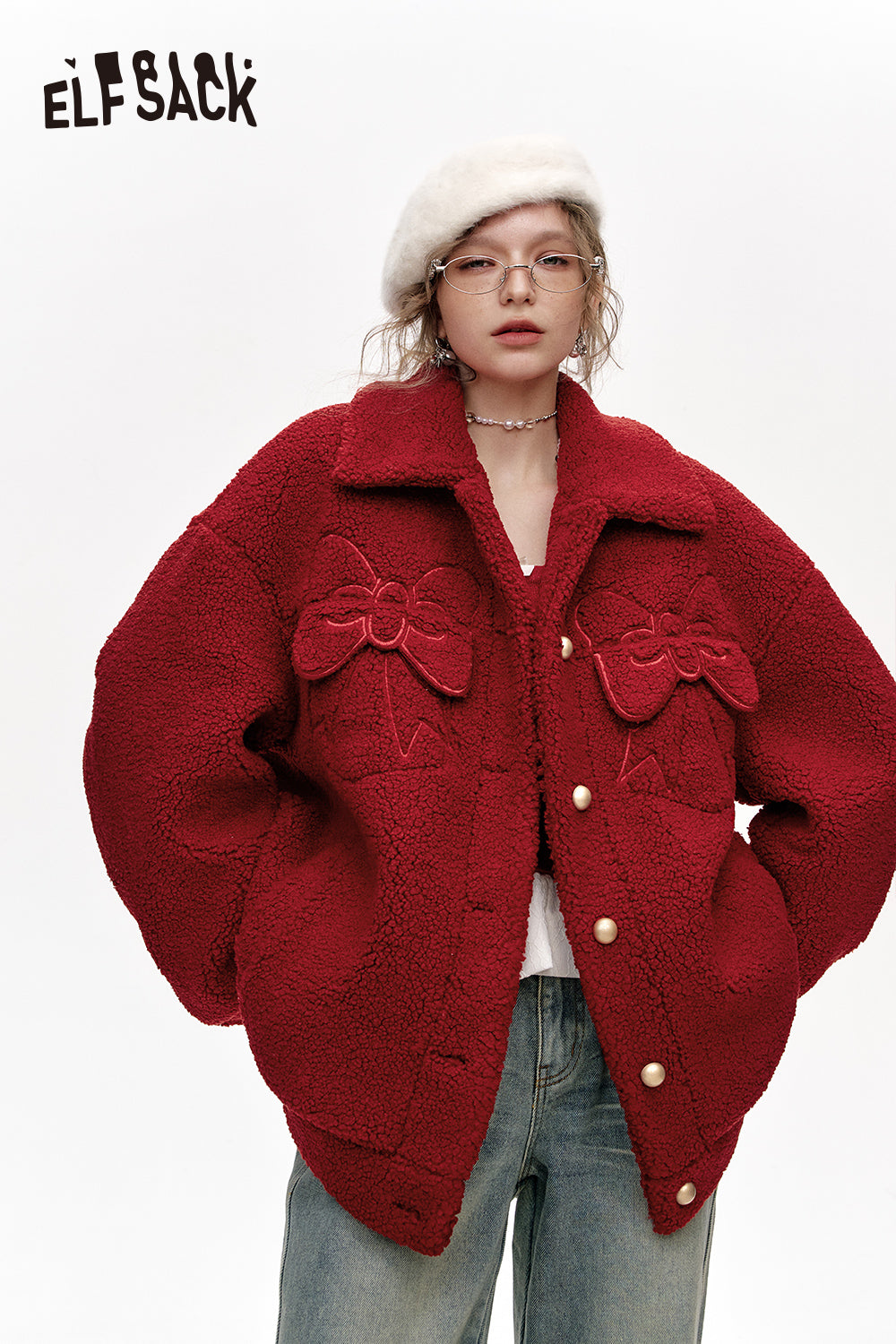 ELFSACK Sweet bow plush red lapel thick coat