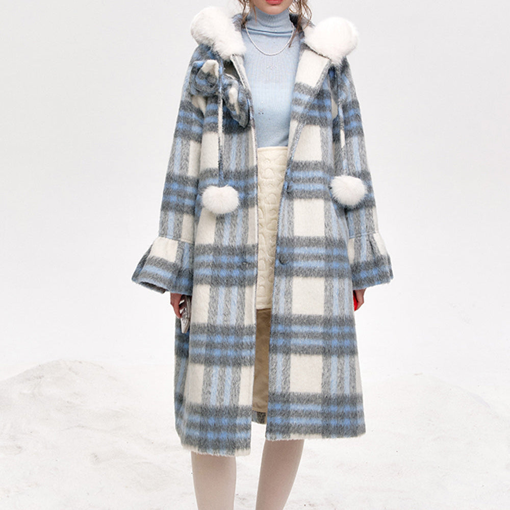 ELFSACK 2024 Winter New Arrivals Blue and white plaid hooded long thick coat for women