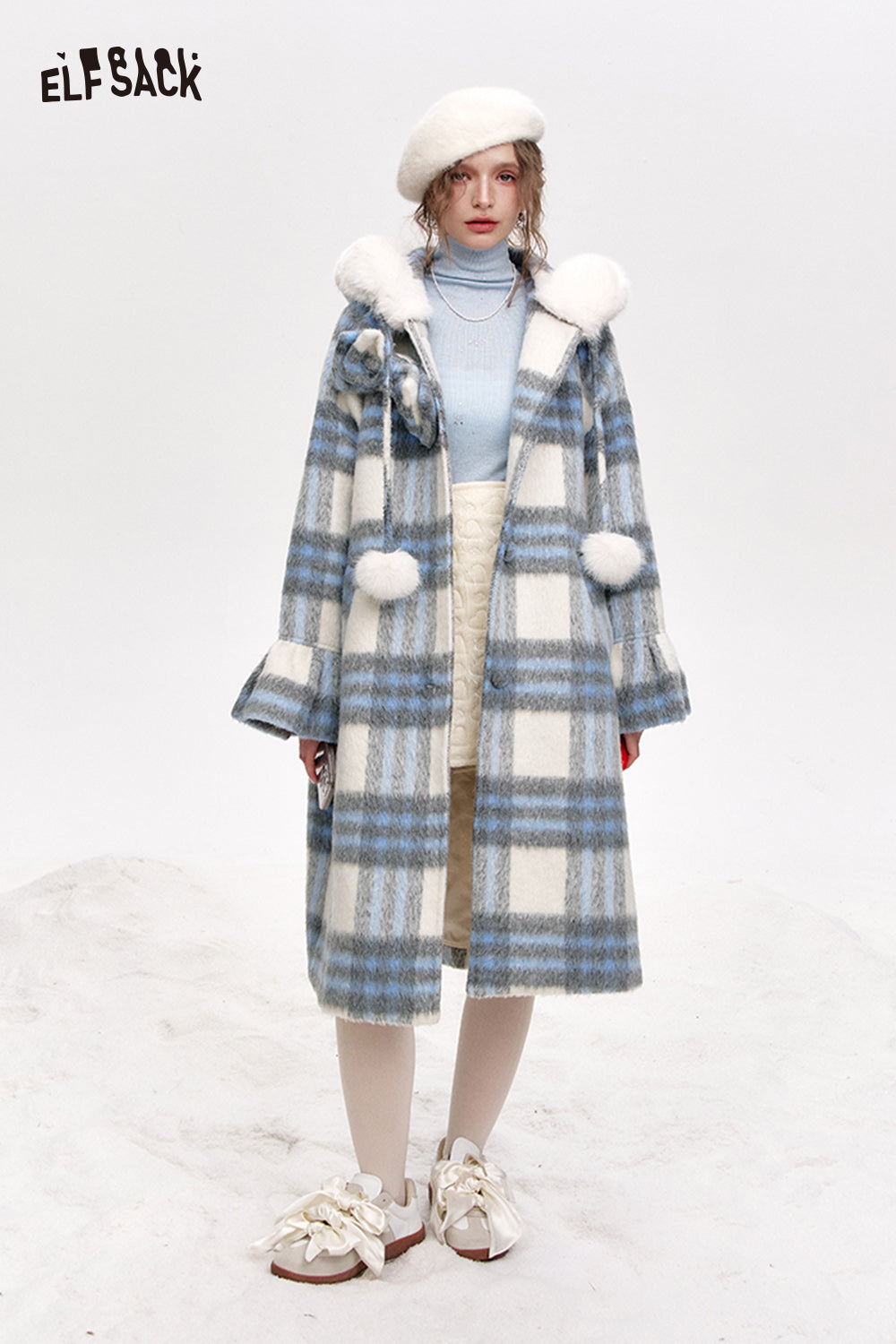 ELFSACK 2024 Winter New Arrivals Blue and white plaid hooded long thick coat for women