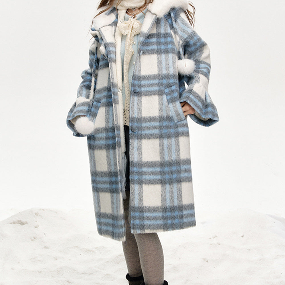 
                  
                    ELFSACK 2024 Winter New Arrivals Blue and white plaid hooded long thick coat for women
                  
                