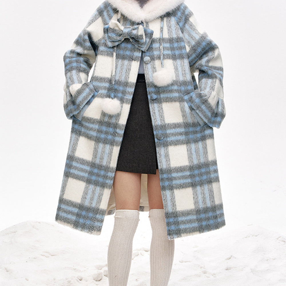 
                  
                    ELFSACK 2024 Winter New Arrivals Blue and white plaid hooded long thick coat for women
                  
                