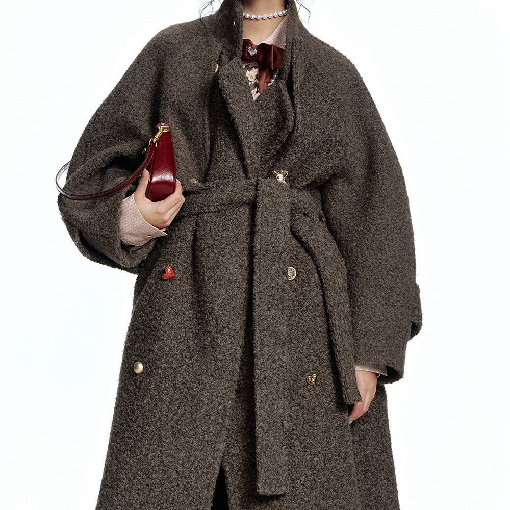 ELFSACK 2024 Winter New Arrivals Long Thick Coat for Women with Belt and Raglan Sleeves