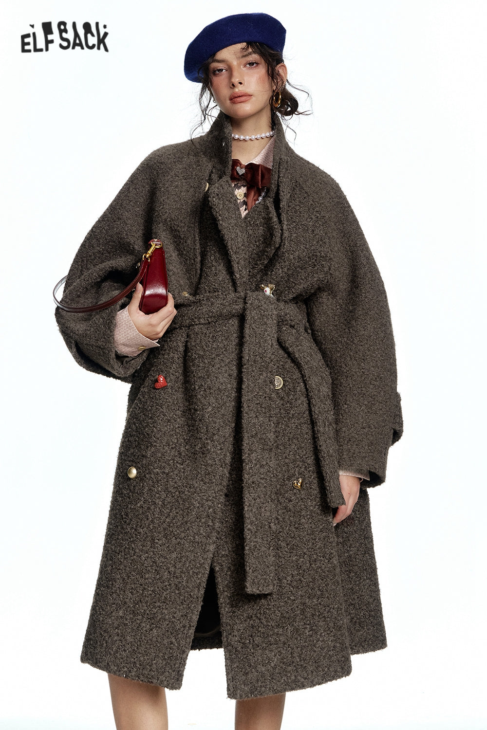 ELFSACK 2024 Winter New Arrivals Long Thick Coat for Women with Belt and Raglan Sleeves