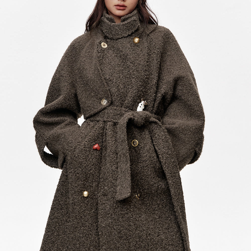 ELFSACK 2024 Winter New Arrivals Long Thick Coat for Women with Belt and Raglan Sleeves